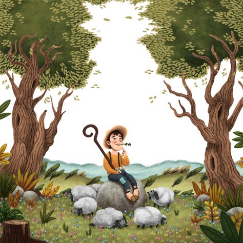 The shepherd boy on Behance Shepherd And Sheep Drawing, Shepherd Character Design, Houses In Spain, Quran Stories, Shepherd Illustration, The Little Red Hen, Sheep Drawing, Communication Illustration, Contemporary Museum