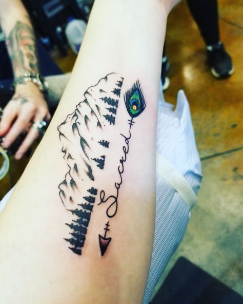 Mountain tattoo with peacock arrow. #sacred Mountain Name Tattoo, Country Girl Tattoos, Mountain Tattoos, Country Girl Problems, C Tattoo, Sibling Tattoos, Country Girl Quotes, Memorial Tattoo, Mountain Tattoo