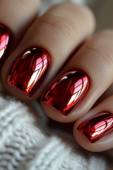 Top 22 Red Chrome Nail Styles 2024 – Dazzle with Trendy Manicures! Red Chrome Powder Nails, Chrome Nails Holiday, 2024 Chrome Nails, Red Nail Chrome, Red Iridescent Nails, Red Chrome Nails Short, Party Nails Designs Classy, Bright Red Chrome Nails, Chrome Red Nails Designs