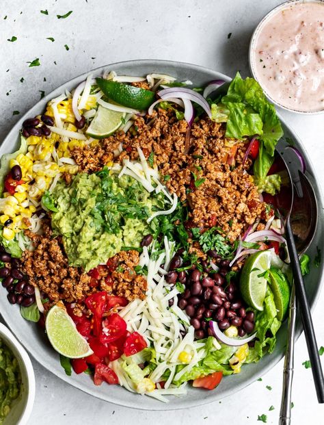 Turkey Taco Salad Recipe, Cilantro Avocado Dressing, Ground Turkey Taco Salad, Easy Taco Salad Recipe, Quick Guacamole, Turkey Taco Salad, Taco Salad Recipe, Healthy Tacos Salad, Turkey Taco