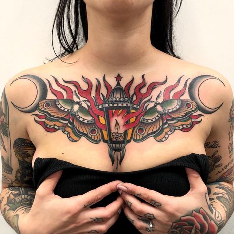 Chest Piece Traditional Tattoo, Neo Trad Chest Piece, Neo Trad Stomach Tattoo, Women Tattoo Chest Piece, Chest American Traditional Tattoo, American Traditional Tattoos Chest Women, Woman’s Chest Piece Tattoo, Women’s Traditional Chest Tattoo, Female Chest Tattoo Traditional