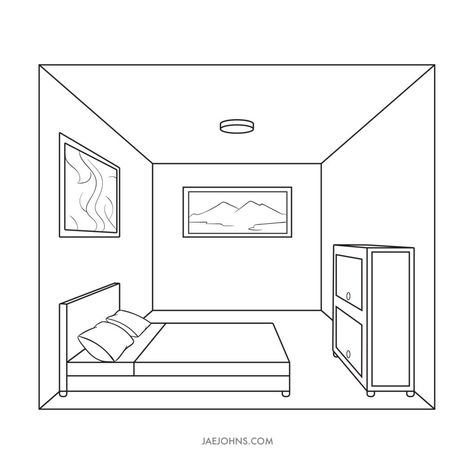 Perspective Line Drawing, Drawings Of Bedrooms, How To Draw Bedroom, Bedroom Drawing Easy, How To Draw Rooms, One Point Perspective Drawing Room, Bedroom Drawing Ideas, Interior Space Drawing, Implied Line Art