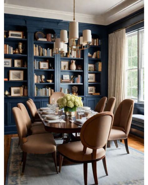 Laura Nuss • Everyday Edits | Love this library in the dining room! For a room used a few times a year this is a cozy way to rethink a dining toom for the other 360 days… | Instagram Dramatic Dining Room Colors, Navy Bookcase, Dining Room Turned Library, Minimal Apartment Decor, Room Decor Library, Dining Toom, Dining Room Bookshelves, Dining Room Colorful, Dark Blue Dining Room