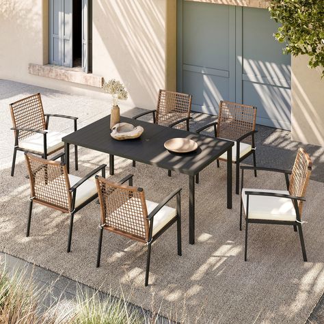 Buy LAUSAINT HOME 7 Pieces Patio Dining Set, 6 Outdoor Dining Chairs with Beige Cushions & 1 Rectangular Table at Walmart.com Metal Outdoor Furniture, Wicker Patio Furniture Set, Rattan Chairs, Beige Cushions, Aluminum Table, Rattan Chair, Patio Dining Set, Outdoor Dining Set, Garden Patio Furniture