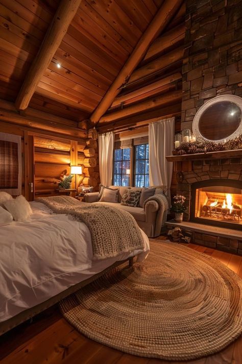 Cabin Style Ranch Home, Winter Lodge Bedroom, Pretty Home Interior, Log Cabin Inside, Ranch House Aesthetic Interior, Cabin Aesthetic Bedroom, Country House Aesthetic Interior, Cozy Winter Bedroom Ideas, Winter Cabin Bedroom