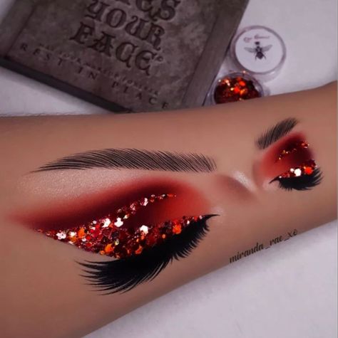 Red Diamond Eye Makeup, Red Silver Makeup Looks, Red Under Eye Makeup Looks, Glam Red Makeup, Red Fairy Makeup, Red And Gold Makeup Looks, Red Rhinestone Makeup, Red Glitter Eye Makeup, Red Festival Makeup