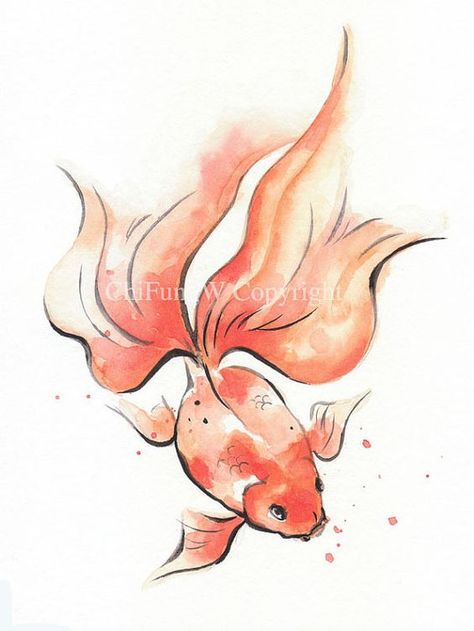 Japanese Ink Painting, Learn Japanese, Sumi E, Ink Painting, Goldfish, Watercolor Painting, Swimming, Fish, Orange