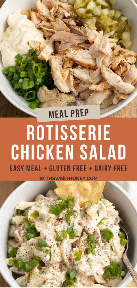 This easy rotisserie chicken salad is a guaranteed crowd-pleaser. Whether you're looking for a light lunch or a flavorful dinner option, this recipe will become your go-to choice. Made with protein-packed chicken, mayo, dill pickles, green onion and stone ground mustard. It is also gluten free, dairy free and easily made paleo friendly! #chickensalad Healthy Chicken Salad Dairy Free, Gluten Free Dairy Free Chicken Salad, Dairy Free Recipes With Rotisserie Chicken, Healthy Dairy Free Recipes Lunch, Dairy Free Chicken Salad Recipe, Rotisserie Chicken Recipes Dairy Free, Dairy Free Egg Salad, Dairy Free Chicken Salad, Gluten Free Chicken Salad Recipe