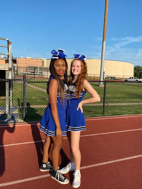 Blue And Black Cheer Uniform, Navy Blue Cheer Uniforms, Pleated Cheer Uniforms, Blue And White Cheer Uniforms, Blue Cheer Uniforms, Blue Cheerleader Uniform, Cheer Black, Cheer Aesthetic, Cheerleader Skirt