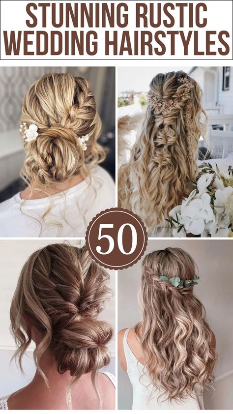 Wedding Hairstyles Country Wedding Hair Updo, Beach Hairstyles For Long Hair Wedding, Rustic Bridesmaid Hairstyles, Long Thick Bridal Hair, Rustic Wedding Hairstyles Half Up, Wedding Hair Western, Woodsy Wedding Hairstyles, Wedding For Long Hair Hairstyles, Long Thick Wedding Hairstyles