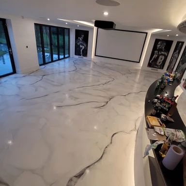 Subtle White Marble Resin Floor | Flooring Gallery White Marble Epoxy Floor, Resin Garage Floor, Epoxy Interior Floor, Marble Room Decor Bedroom, Gold Epoxy Floor, Resin Stairs, White Epoxy Floor, Marble Epoxy Floor, Stairs Flooring