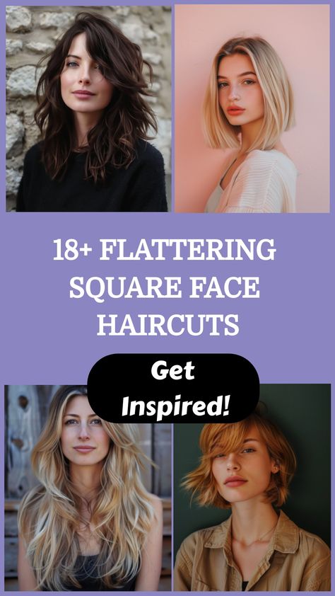 A variety of flattering haircuts for square faces featuring models with different styles. Haircut For Square Face Wavy Hair, Tomboy Haircut For Square Face, Bob Hairstyle Square Face, Medium Hair Styles For Square Faces, Haïr Cut For Square Face Girl, Long Hairstyles Square Face, Square Jaw Haircut, Long Bob For Square Face, Square Face Fringe