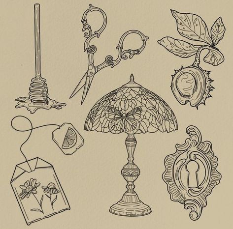 Vintage Item Tattoo, Book Opening Tattoo, Vintage Tatoos Ideas, Tattoo Ideas Sheet, Cottagecore Aesthetic Tattoo, Vintage Tattoo Flash Sheet, Flash Sheets Tattoo, Vintage Sketches Aesthetic, Book Of Life Tattoo