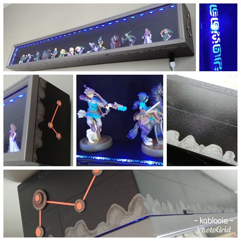 The Legend of Zelda: amiibo case with glowing Sheikah lights and Breath of the Wild theme . . . . . #zelda #amiibo #case #display #led #sheikah #tutorial #breathofthewild #nintendo #link #lights #silhouette Legend Of Zelda Themed Room, Intro Pictures, Lego Zelda, Amiibo Display, Zelda Amiibo, Gamer House, Gamer Room Design, Zelda Diy, Deco Gamer