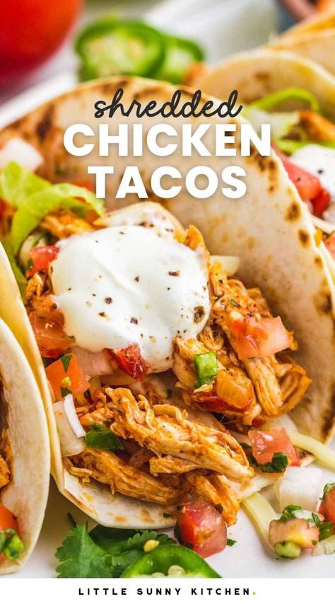 Deliciously seasoned shredded chicken tacos are the perfect choice for taco night. This chicken taco recipe is fast and simple to make any day of the week. Shredded Chicken Tacos Recipe, Seasoned Shredded Chicken, Chicken Taco Recipe, Chicken Tacos Recipe Easy, Chicken Tacos Recipe, Little Sunny Kitchen, Easy Taco Recipes, Sunny Kitchen, Shredded Chicken Tacos