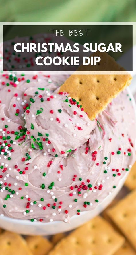 Christmas Sugar Cookie Dip is an easy recipe that's perfect for the holiday season. With just three ingredients, this treat is ready in minutes and delicious when served with graham crackers or pretzels! #dessertdip #sugarcookiedip #christmasdessert #christmasdip Christmas Sugar Cookie Dip, Frosting Dip For Graham Crackers, Sugar Cookie Dip Recipe, Cookie Dipping Sauce, Christmas Dessert Dip Recipes, Dipmas Party Ideas, Xmas Dips, Christmas Dips And Appetizers, Christmas Cookie Dip