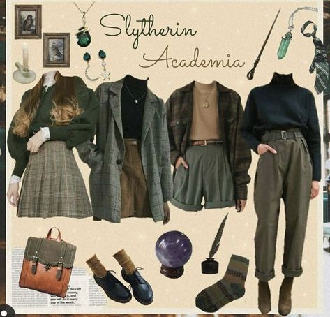 Villan Era Hair, Dark Academia Slytherin Outfit, Slytherin Dark Academia Outfits, Hogwarts Academia Outfit, Hogwarts Style Inspired Outfits, Dark Green Academia Outfit, Green Academia Clothes, Green Academia Aesthetic Outfits, Slytherin Academia Outfit