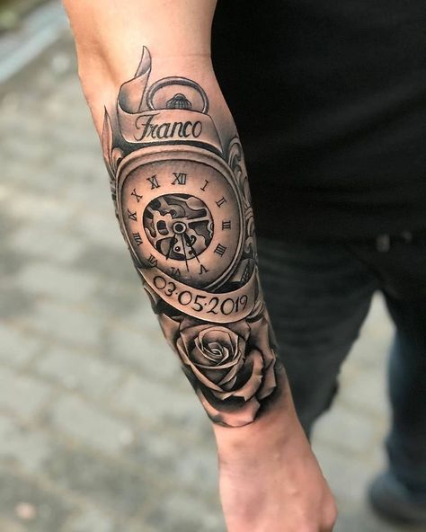 Clock Arm Tattoo For Men, Clock Forearm Tattoo Men, Clock Tattoo Design For Men Forearm, Traditional Piston Tattoo, Time Tattoos For Men, Aries Tattoo For Men, Tattoo Trends 2023, Piston Tattoo, Clock Tattoo Sleeve