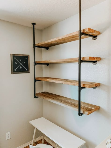 Shelves Made With Pipes, Industrial Shelves Diy, Industrial Wall Shelving, Metal Pipe Projects, Shelves With Pipes, Storage Room Shelving, Black Pipe Shelves, Piping Shelves, Pipe Shelves Diy