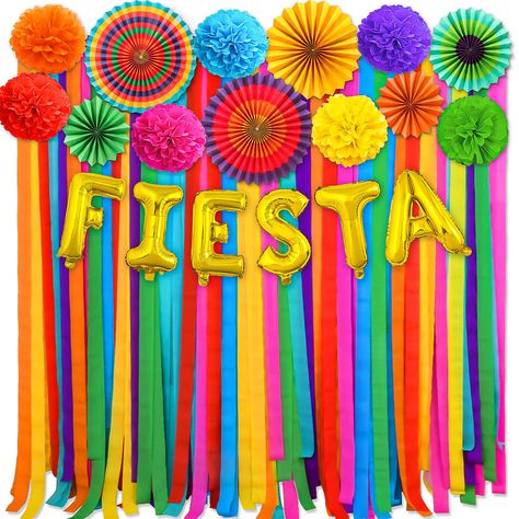 PRICES MAY VARY. MEGA BUNDLE OF FIESTA BIRTHDAY DECOR - Our fiesta party decorations include 8 rolls of crepe paper streamers in 8 colors, 6 paper fans in 3 sizes, 7 paper pom pom flowers, FIESTA letter balloons, plus 60 glue dots. The Mexican party decorations will contribute to enhancing festival and party mood and remain profound cheerful feeling. IT’S TIME TO FIESTA - The color scheme and accessories all have a strong style and obvious Mexican cultural elements. So our fiesta decorations can Festival Theme Decorations, 40th Fiesta Birthday Party, Paper Streamer Backdrop, Mexican Style Party, Spain Theme Party, Fiesta Theme Party Decorations, Appreciation Themes, Softball Banquet, Three Esta