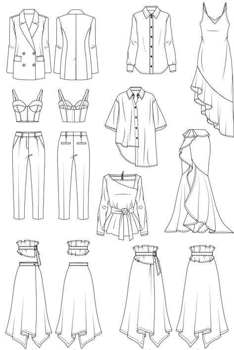 Sewing Drawing, Lukisan Fesyen, Flat Drawings, Fashion Figure Drawing, Fashion Design Template, Fashion Illustrations Techniques, Fashion Drawing Sketches, Fashion Design Sketch, Fashion Drawing Tutorial