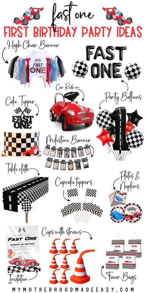 Fast Ones Birthday, Race Car Party Decorations 1st Birthday, 1st Car Birthday Party, Wheel Themed First Birthday, One Lap Down Birthday, Fast One 1st Birthday Party Theme, First Birthday Fast One, Car Themed One Year Old Birthday, Fast One Party Theme