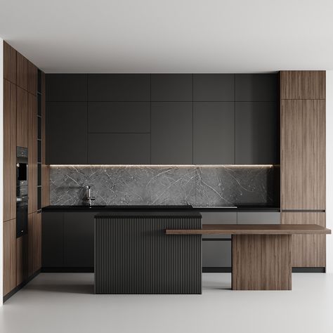 modern kitchen-018 :: Behance Dark Modern Kitchen, Luxury Black Kitchen, Contemporary Black Kitchen, Black Modern Kitchen, Main Kitchen, Modern Wooden House, Modern Contemporary Kitchen, Contemporary Kitchen Cabinets, Industrial Kitchen Design