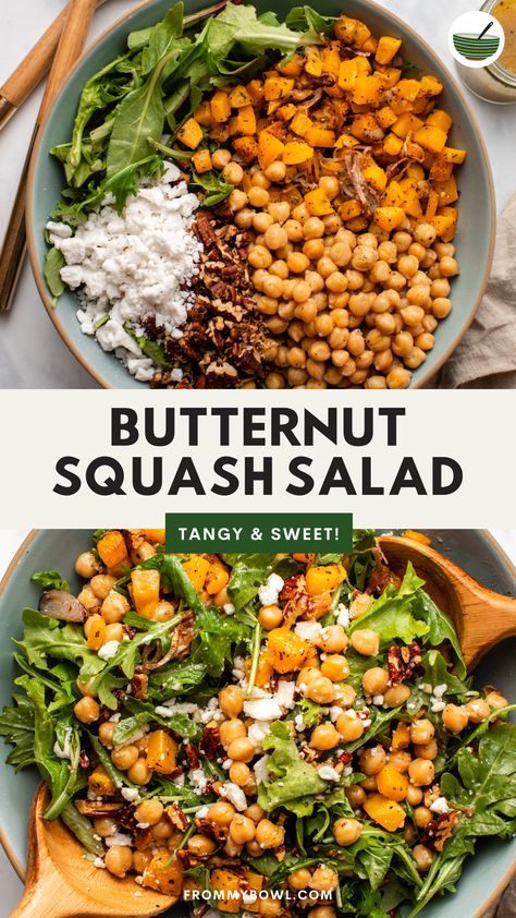 This Roasted Butternut Squash Salad is a hearty and comforting side dish that tosses seasonal fall produce, chickpeas, and crispy pecans in a tangy-sweet cider vinaigrette. Vegan and Gluten-Free, Nut-Free Option. Roasted Butternut Squash And Chickpeas, Thanksgiving Salad Recipes Nut Free, Fall Chickpea Salad, Butternut Squash Dinner Recipes Healthy, Butternut Side Dish, Roasted Squash Salad Recipes, Butternut Squash Salad Recipes Healthy, Butternut Squash And Potato Recipes, Butternut Pasta Salad