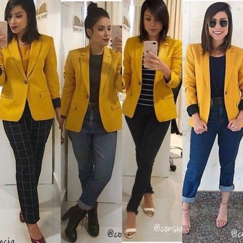 Mustard Blazer Outfit, Yellow Blazer Outfit, Mustard Blazer, Designs Blouse, Blouse Back Neck, Blazer Outfits Casual, Jacket Outfit Women, Fashionable Work Outfit, Blazer Outfits For Women