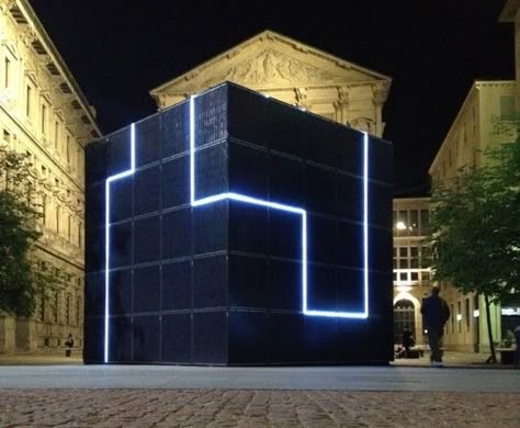 Romolo Stanco’s e-QBO is giant monolithic cube that harnesses solar energy to power an integrated communications hub. The cube is wrapped wi... Uses Of Solar Energy, Streets Of Italy, Light Art Installation, Italy Street, Interactive Walls, Interactive Installation, Solar Installation, Cube Light, Solar Energy System