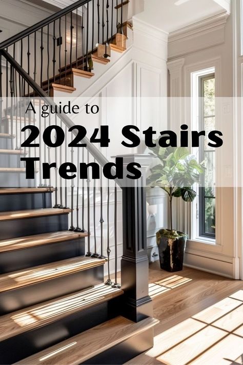 Staircases are tricky spaces with the mix of railings, posts and the staircase. Read this for all the considerations of a stairway Spiral Staircase Makeover, New Banister Ideas, Staining Stair Rail, Wood And Tile Stairs, Open Stairway Ideas, Black Railing White Spindles, Staircase With Black Railing, Stair Spindle Makeover, Stair Railing Color Ideas