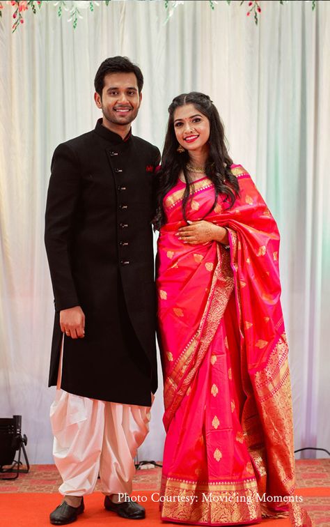 Maharashtrian Engagement Couple Dress, Marathi Engagement Look For Men, Marathi Reception Look, Marathi Wedding Shalu Saree, Engagement Saree Maharashtrian, Shalu Saree Maharashtrian For Bride, Engagement Saree Engagement Saree Indian, Maharashtrian Wedding Couple Outfits, Engagement Outfit Ideas Indian