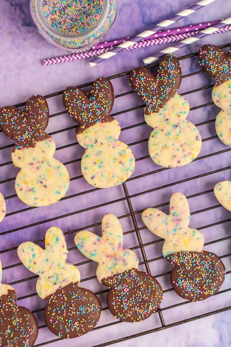 Chocolate Dipped Easter Bunny Sugar Cookies Recipe - Frugal Mom Eh! Chocolate Easter Cookies, Easter Baked Goods Ideas, Easter Egg Sugar Cookies Decorated, Easter Dessert Table Ideas, Bunny Cookies Decorated, Easter Baked Goods, Easter Cookies Recipes, Easter Gluten Free, Sugar Cookies Easter