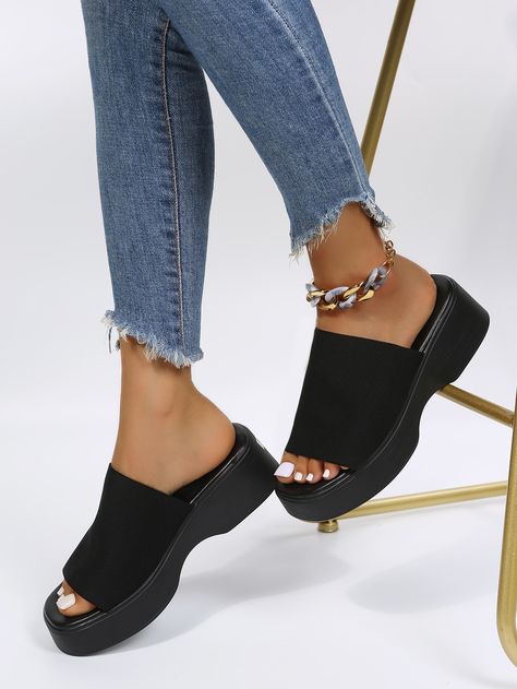 Black Wedge Sandals Outfit, Wedge Sandals Outfit, Shoes Yellow, Women Slides, Sandals Outfit, Fits Inspo, Black Wedge, Black Wedge Sandals, Flip Flop Shoes