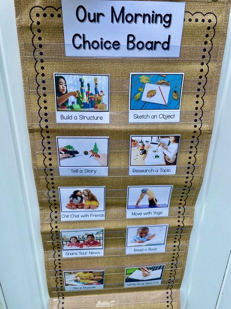 Discover active and alternative ideas to morning work to create a soft start to your day. Use a morning choice board during arrival time to give preschool, kindergarten, and first grade children open-ended choices to start their day. Activities include building, sketching, yoga, writing news, reading books, puzzles, writing in a journal, telling a story and more. For easy set up, place materials in tubs or bins and set them on tables for kids to enjoy upon entering the classroom each morning. Preschool Arrival Routine, Reggio Kindergarten Activities, Choice Time Activities, Morning Choice Activities, Morning Arrival Activities Preschool, Open Ended Centers Kindergarten, Writing Center Set Up Kindergarten, Preschool Choice Board, Soft Start Preschool