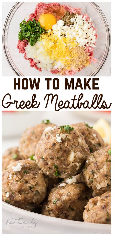 greek meatballs recipe Greek Meatballs With Feta, Greek Pork Meatballs, Beef In The Oven, Chicken Thigh Dinner, Dinner Idea Easy, Feta Meatballs, Sausage Meatballs Recipes, Greek Meatballs Recipe, Greek Recipes Easy