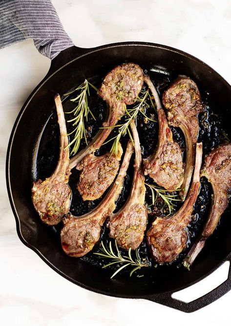 You've got to try these Pan Fried Lamb Chops! Tender lamb rib chops are slathered in a rosemary, garlic, and olive oil marinade and pan seared in a cast iron skillet until they have a golden brown crust and are tender and juicy! Dinner Party Main Dish, Roasted Lamb Chops, Lamb Shoulder Chops, Cook Lamb, Lamb Loin Chops, Lamb Loin, How To Cook Lamb, Grilled Lamb Chops, Lamb Chop Recipes