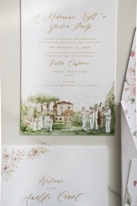 Lake Como Invitation, Italy Wedding Stationery, Wedding Invitations Italy, Filipiniana Wedding Theme, Italy Watercolor, Wedding Invitation Watercolor, Jazz Quartet, Villa Cimbrone, Illustrated Wedding Invitations