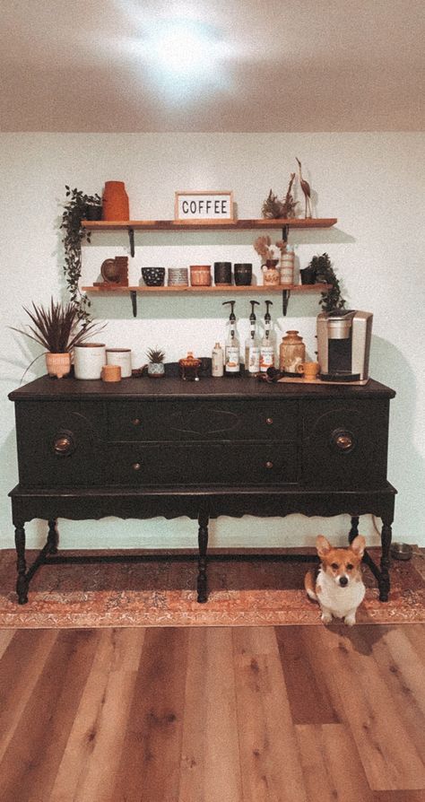 Coffee bar, buffet Modern Coffee Bar Ideas Apartment, Vintage Buffet Coffee Bar, Buffet Coffee Station, Dinning Room Coffee Bar Buffet, Coffee Bar Ideas Using An Old Dresser, Coffee Dresser Bar, Buffet To Bar Makeover, Vintage Modern Coffee Bar, Antique Buffet Coffee Bar