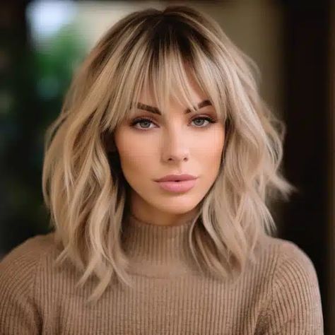 Short Hair With Bangs Shoulder Length, Medium Length Haircut Blonde Bangs, Medium Length With Fringe Bangs, Blonde Shoulder Length Hair With Fringe, Long Hair With Bottleneck Bangs, Hair Styles With A Fringe, Medium Length Haircut With Bangs Blonde, Medium Length With Fringe, Best Bangs For Round Face Over 40