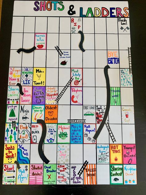 Shots And Ladders Game, Snakes And Ladders Drinking Game, Shots And Ladders, Drinking Board Games Diy, Shoots And Ladders, Shot Drinking Games, Drinking Board, Drunk Games, Drinking Board Games