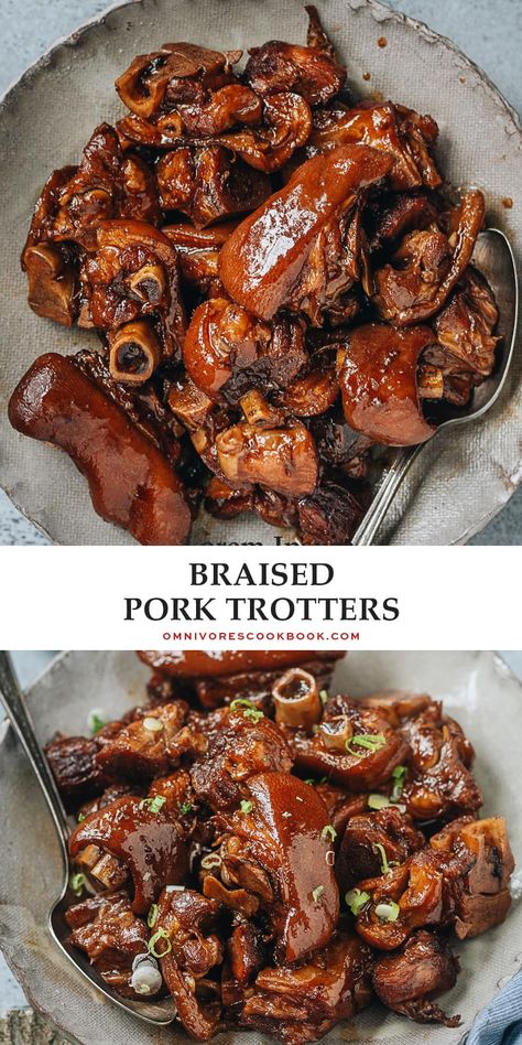 These braised pork trotters are fall-off-the-bone tender and have a rich savory taste. It’s an affordable way to create a scrumptious and filling main dish that is full of collagen and healthy fats. Pork Feet Recipe, Chinese Braised Pork, Pork Trotters, Pig Feet Recipe, Pork Stew Recipes, Asian Pork, Pork Belly Recipes, Chinese Cooking Recipes, Braised Pork