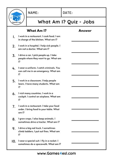 This easy English quiz is great for English lessons about jobs and occupations. This printable quiz has ten 'What Am I?' questions about jobs. Download and use in class today. Who Am I Game Questions, English Quiz With Answer, Who Am I Quiz Questions, Activities For English Class Ideas, What Am I Questions, English Learning Games, Quiz Questions For Kids, Jobs In English, Jobs Worksheet