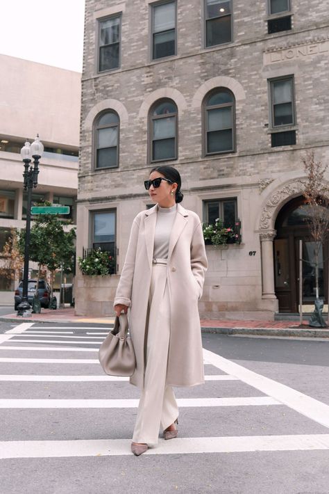 affordable wool coat + wide leg trousers monochromatic cream fall to winter outfit Monochromatic Outfit Cream, Cream Wool Coat Outfit, Cream Coat Outfit Winter, Cream Monochrome Outfit, Cream Coat Outfit, Cream Trousers Outfit, Trousers Outfit Winter, Networking Event Outfit, Cloth Styles