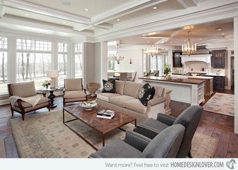 15 Close to Perfect Traditional Open Living Room Ideas | Home Design Lover The use of grey and beige is totally stunning. Landmark Photography, Traditional Design Living Room, Open Concept Kitchen Living Room, Modern Floor Plans, Small House Interior, Small House Interior Design, Real Estat, Open Concept Living Room, Design Salon