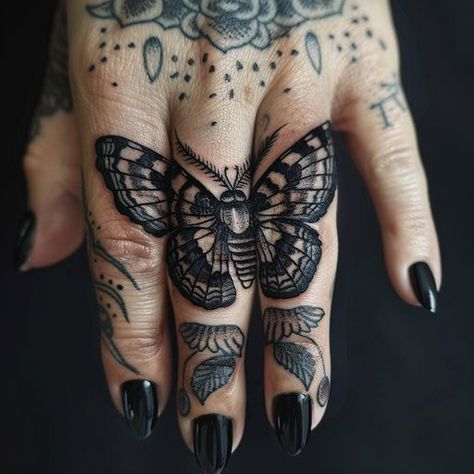 Knuckle Tattoos Tattoo Design Set Womens Knuckle Tattoos, Neo Traditional Finger Tattoos, Bolo Tie Tattoo, Knuckle Tattoos Words, Blackout Hand Tattoo, Goth Finger Tattoos, Moth Sleeve Tattoo, Hand Traditional Tattoo, Goth Tattoo Sleeve