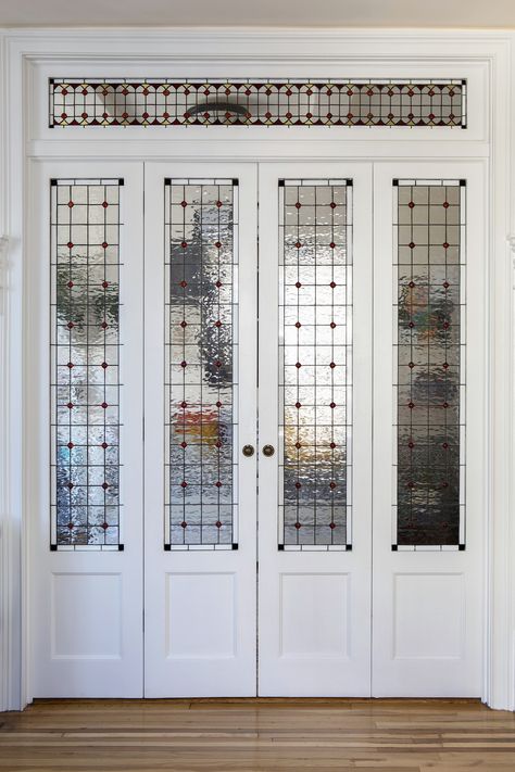 Glass Door To Office, Stained Glass Door Vintage, Stained Glass Office Doors, Glass Doors Between Rooms, Cottage Glass Doors, Stain Glass In House, Victorian Glass Doors Interior, Stained Glass Over Door, Stained Glass Divider