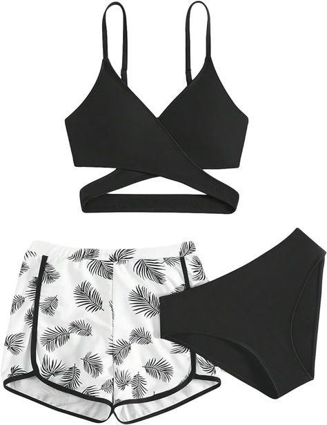 Amazon.com: COZYEASE Girls' 3 Piece Swimsuits Tropical Print Cute Bikini Set High Waisted Bathing Suit with Cover Up Shorts Black 13Y : Clothing, Shoes & Jewelry High Waisted Bathing Suits, Cute Swimsuits, Cute Bikinis, Shorts Black, Tropical Print, Two Pieces, Bathing Suit, Shoes Jewelry, 3 Piece