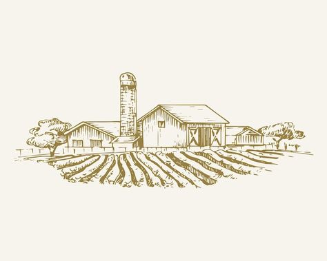 Vintage Landscape Illustration, Farm Drawing Simple, Rural Illustration, Farm Sketch, Farm Drawing, Farm Tattoo, Barn Drawing, Buildings Landscape, Farm Illustration