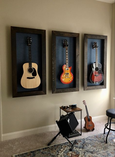 Guitar Area In Bedroom, Storing Guitars At Home, Decorating With Guitars Living Rooms, Guitar Area In House, Living Room With Guitars On Wall, Guitar Wall Decoration, Guitar Room Setup, Office Guitar Room, How To Display Guitars